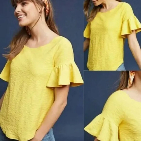 Anthropologie Postage Stamp Yellow Ruffle Flutter Short Sleeve Top S - Picture 2 of 5